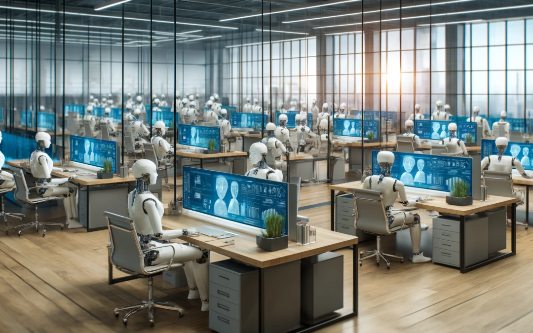 KI-generiertes Bild von Robotern, die in einem Großraumbüro am PC sitzen