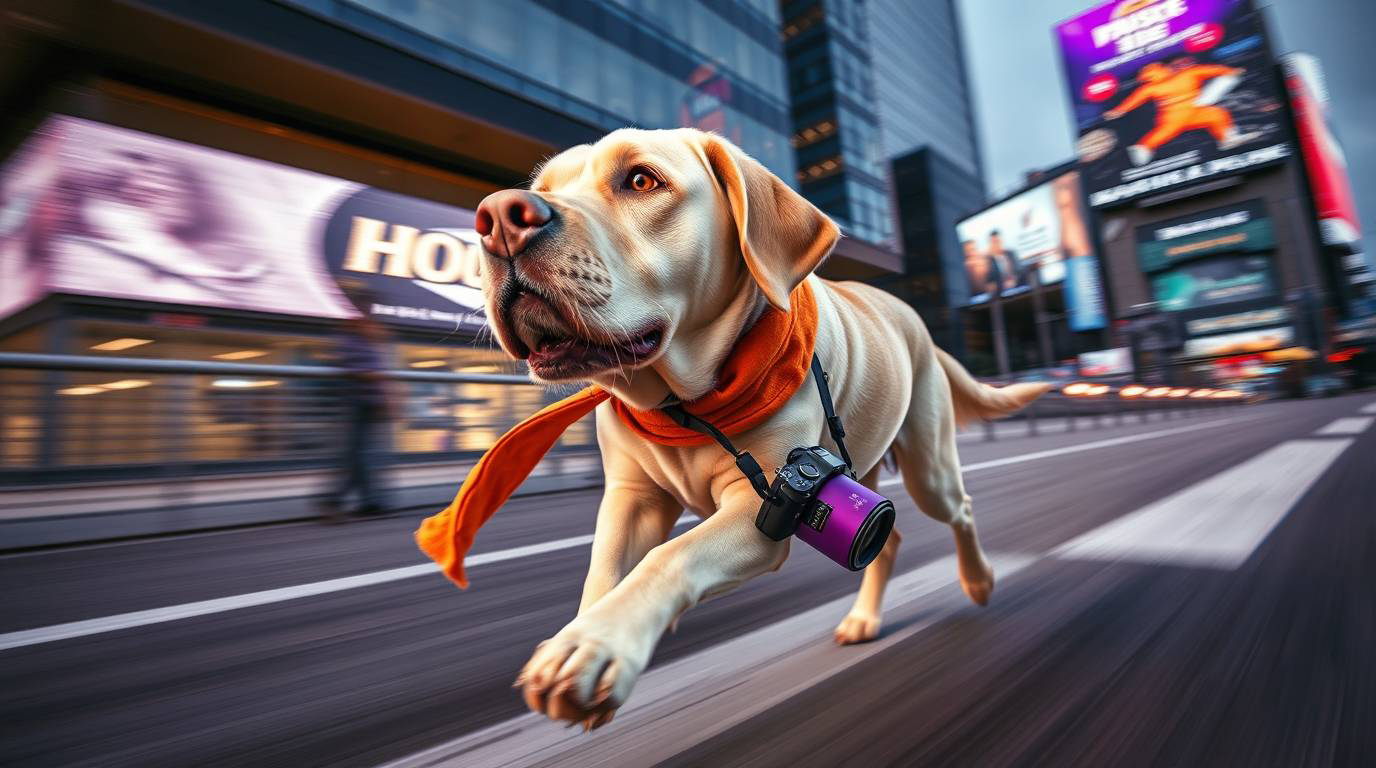Mateo bei der Content-Produktion KI-generiertes Bild eines Labradors mir einer Kamera um den Hals