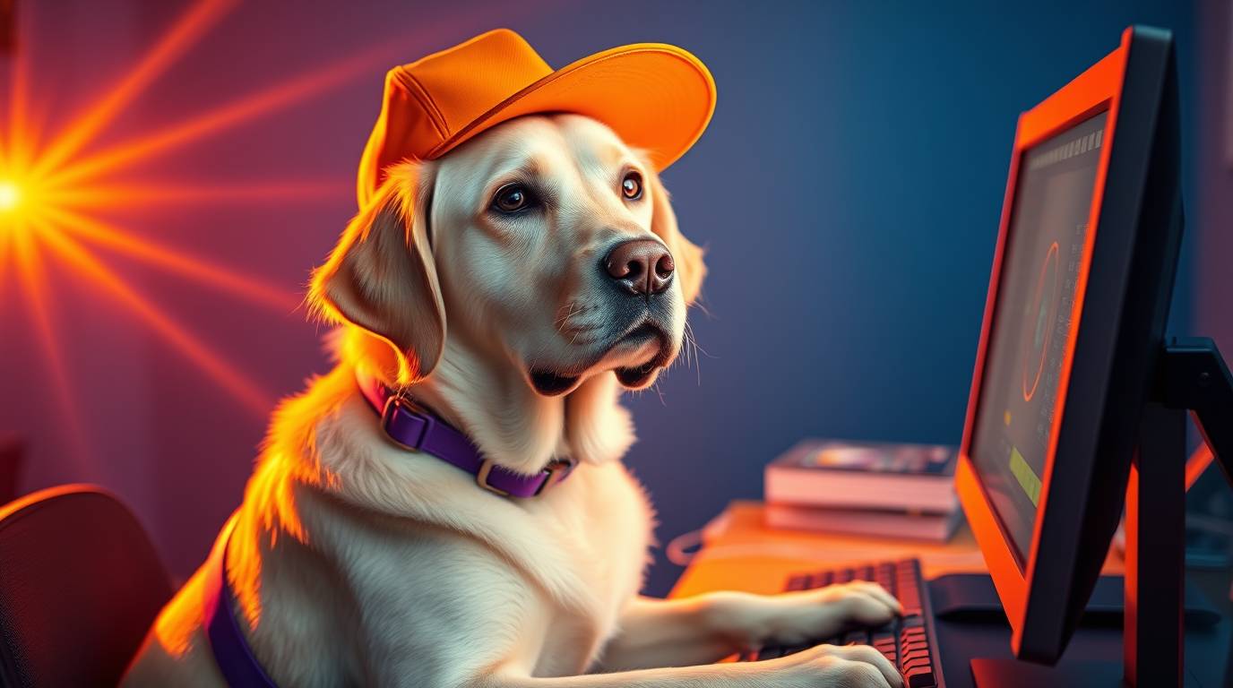 Sichtbarkeitsexperte Mateo KI-generiertes Bild eines Labradors vor einem PC
