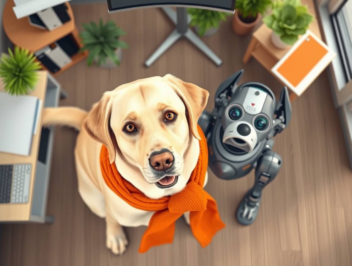 wir sind ein Team ein blonder Labrador steht neben einem Roboterhund, Bild aus der Vogelperspektive, Ki-generiert