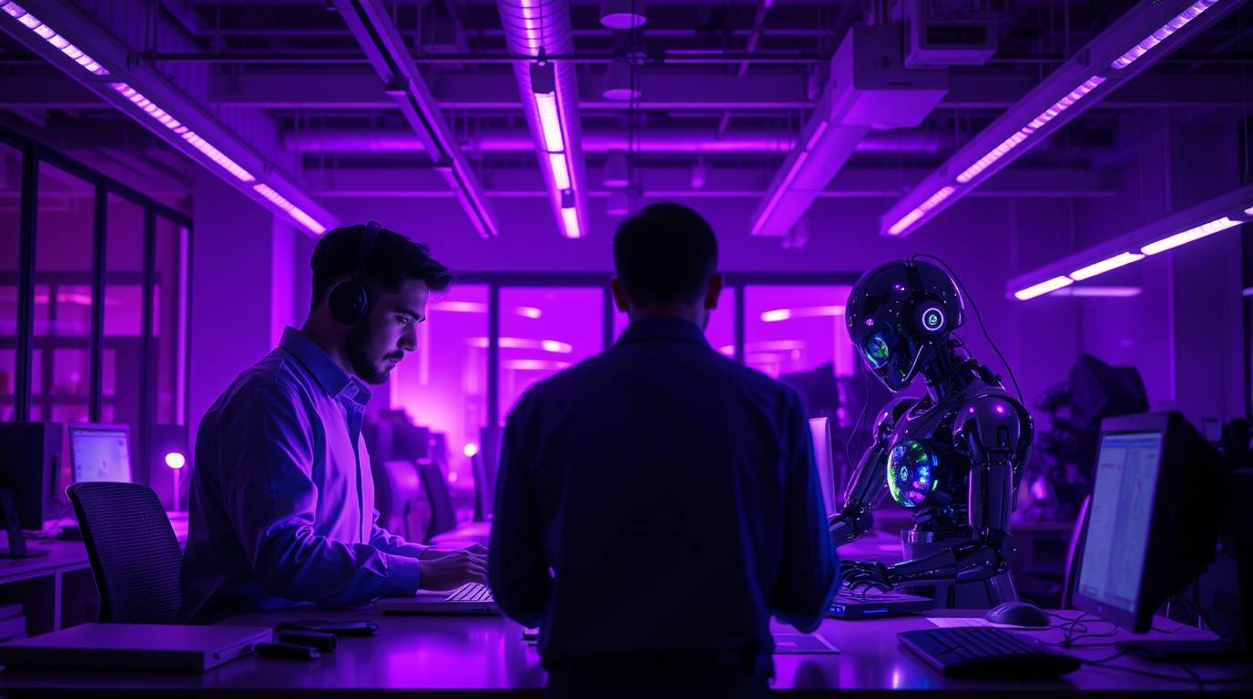 Mensch und Maschine KI-generiertes Bild eines modernen Büros mit 3 Arbeitsplätzen, zwei Menschen und einem Roboter am Schreibtisch