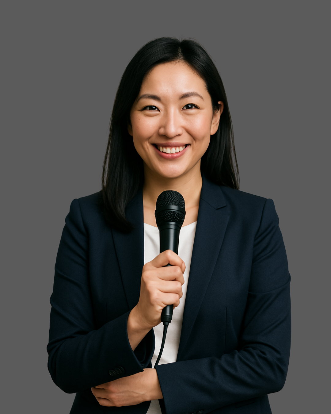Claire KI-Agentin mit asiatischem Aussehen und einem Mikro in der Hand