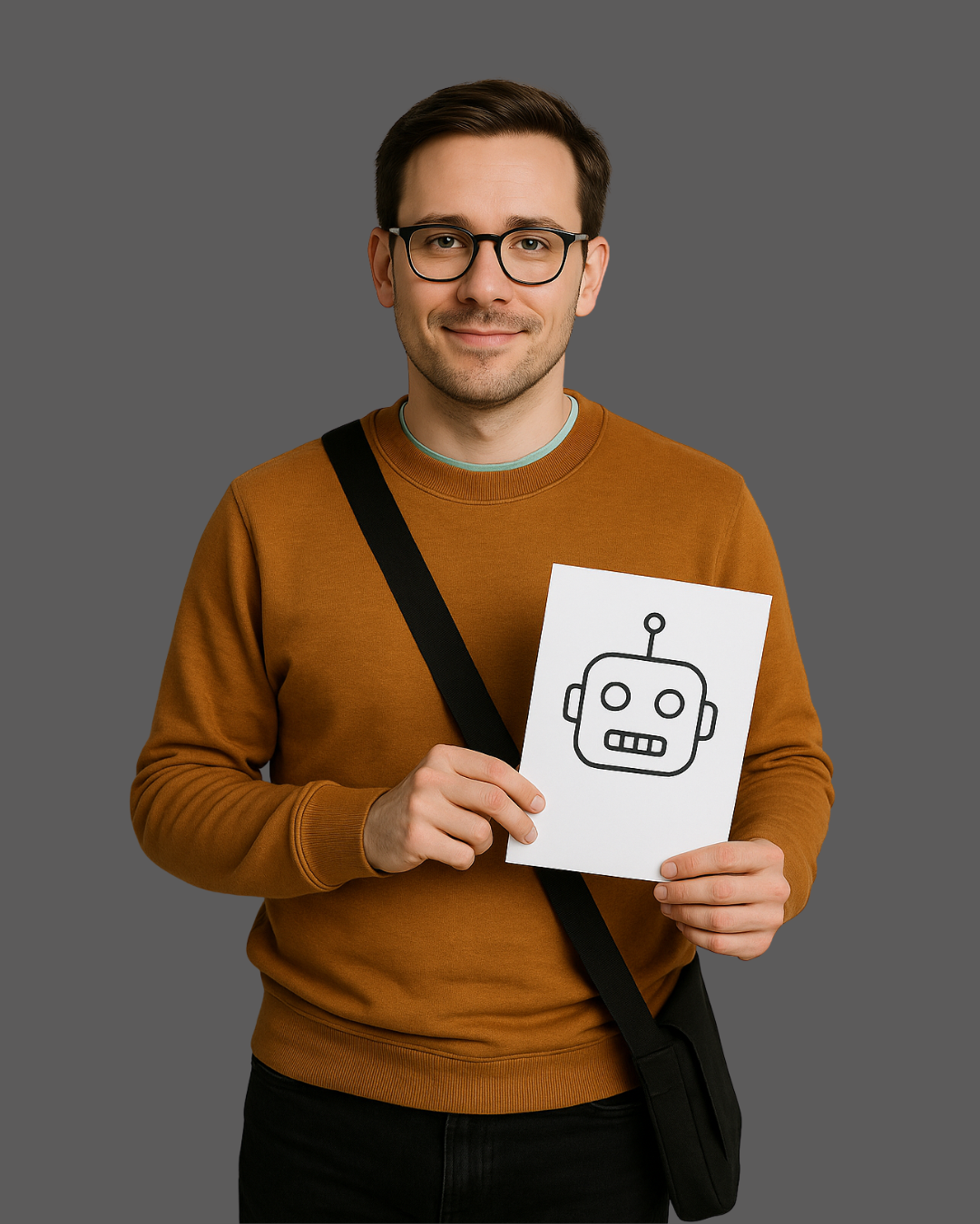 Robert KI-generiertes Bild eines Mannes mit 30 mit Brille, sympathische Ausstrahlung
