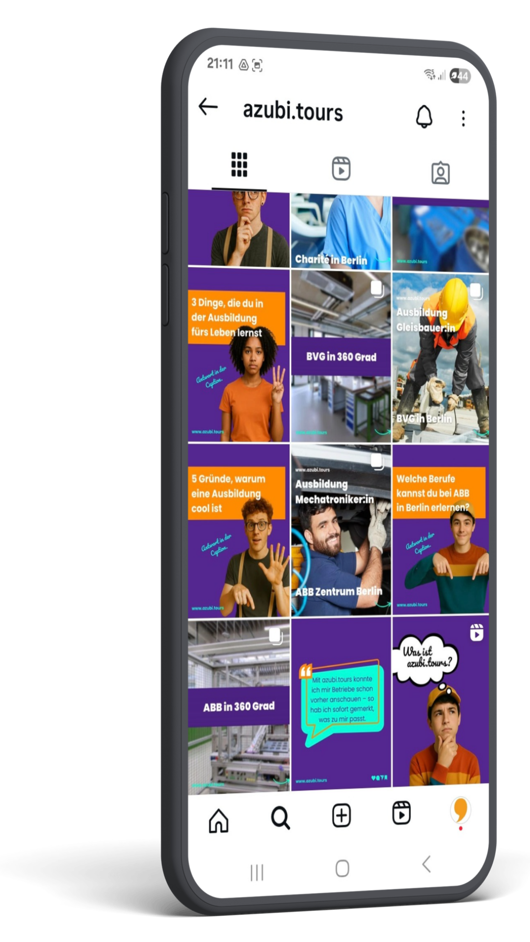 Smartphone mit Instagram-Profil von azubi.tours