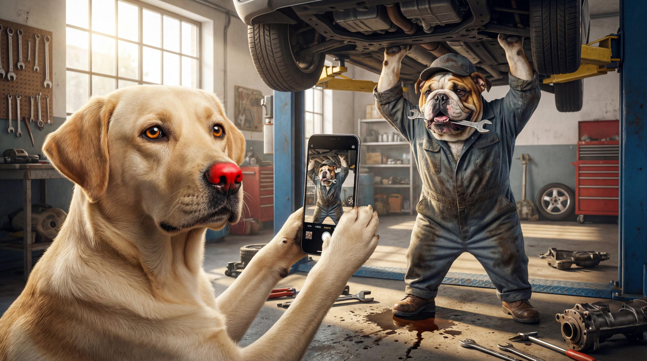 KI-generiertes Bild von einem Labrador, der ein Social-Media-Video in einer KFZ-Werkstatt dreht