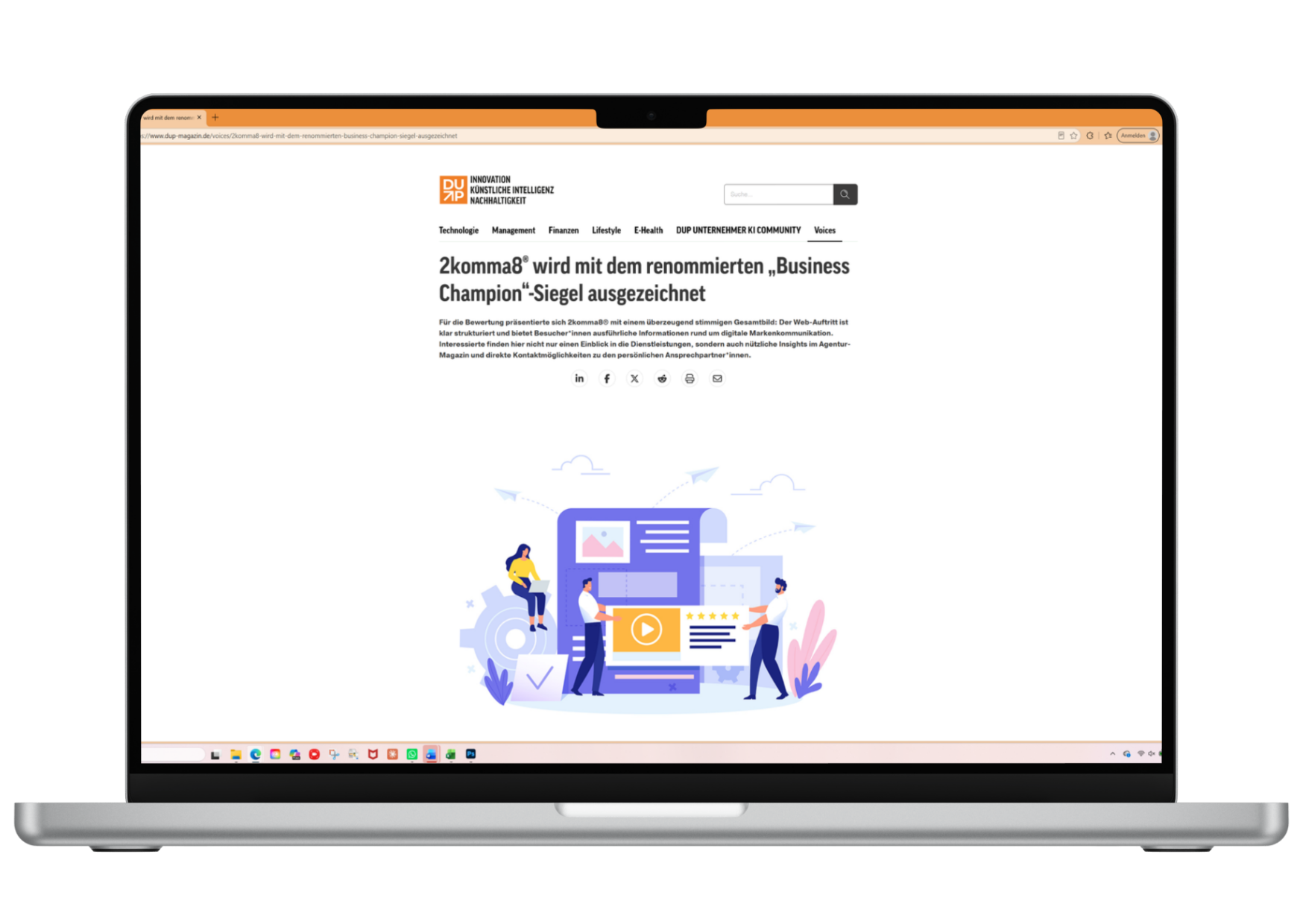 Laptop mit Artikel "2komma8 wird mit dem renommierten Business-Champion-Siegel ausgezeichnet