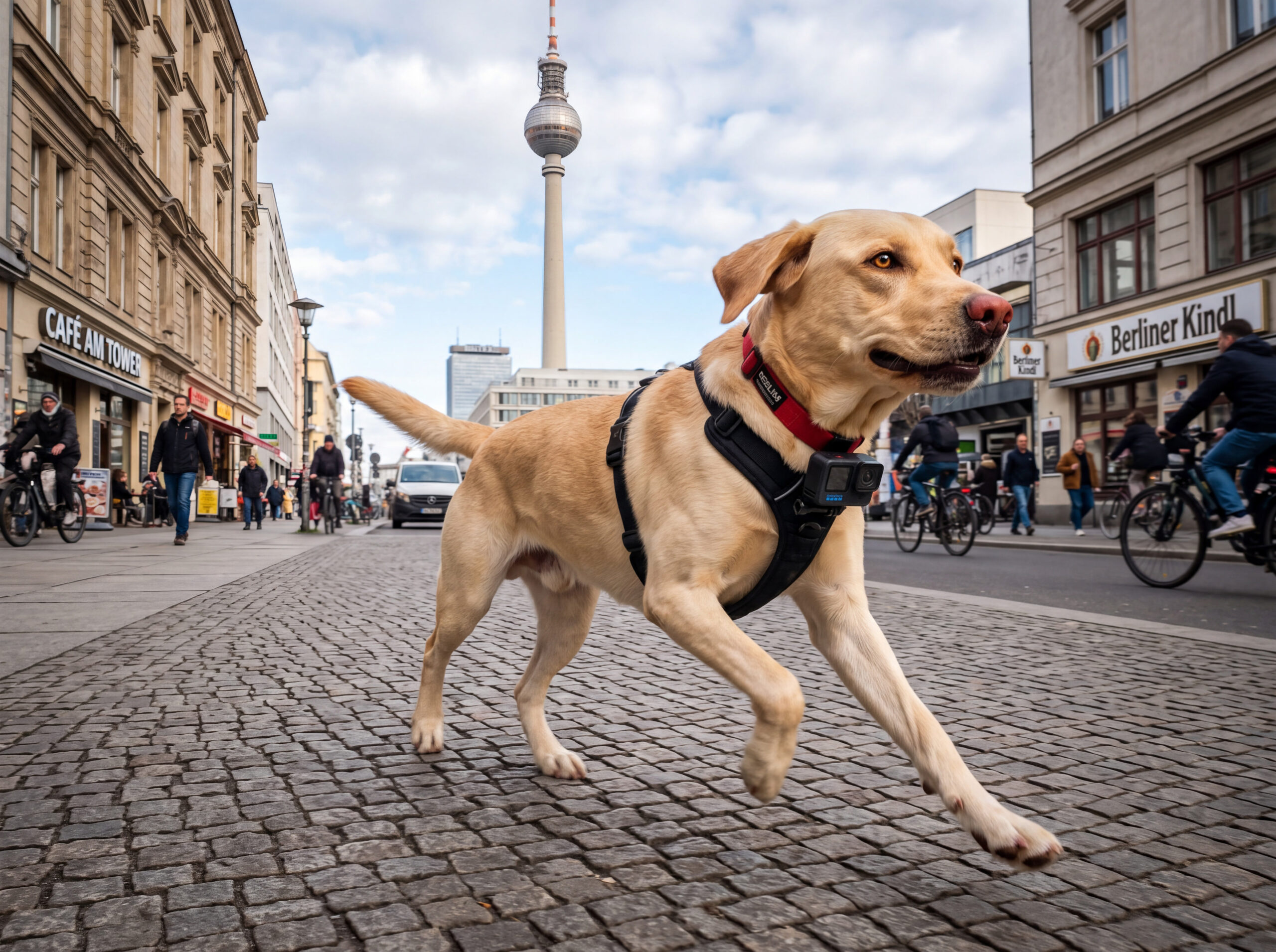 Agenturmaskottchen Mateo rennt mit einer GoPro durch Berlin, im Hintergrund der Fernsehturm 