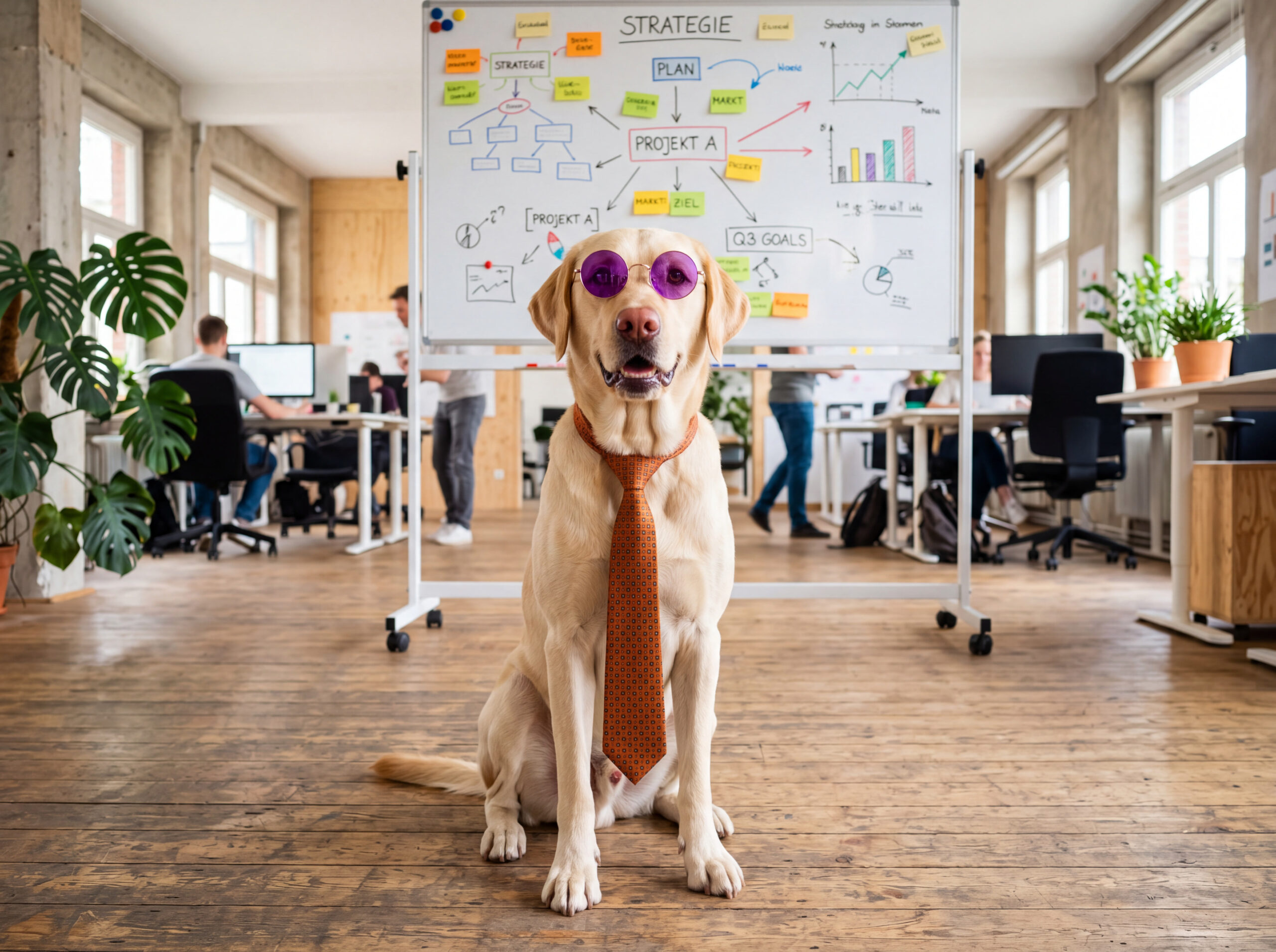 Agenturmaskottchen Mateo im Großraumbüro vor einem Strategieboard