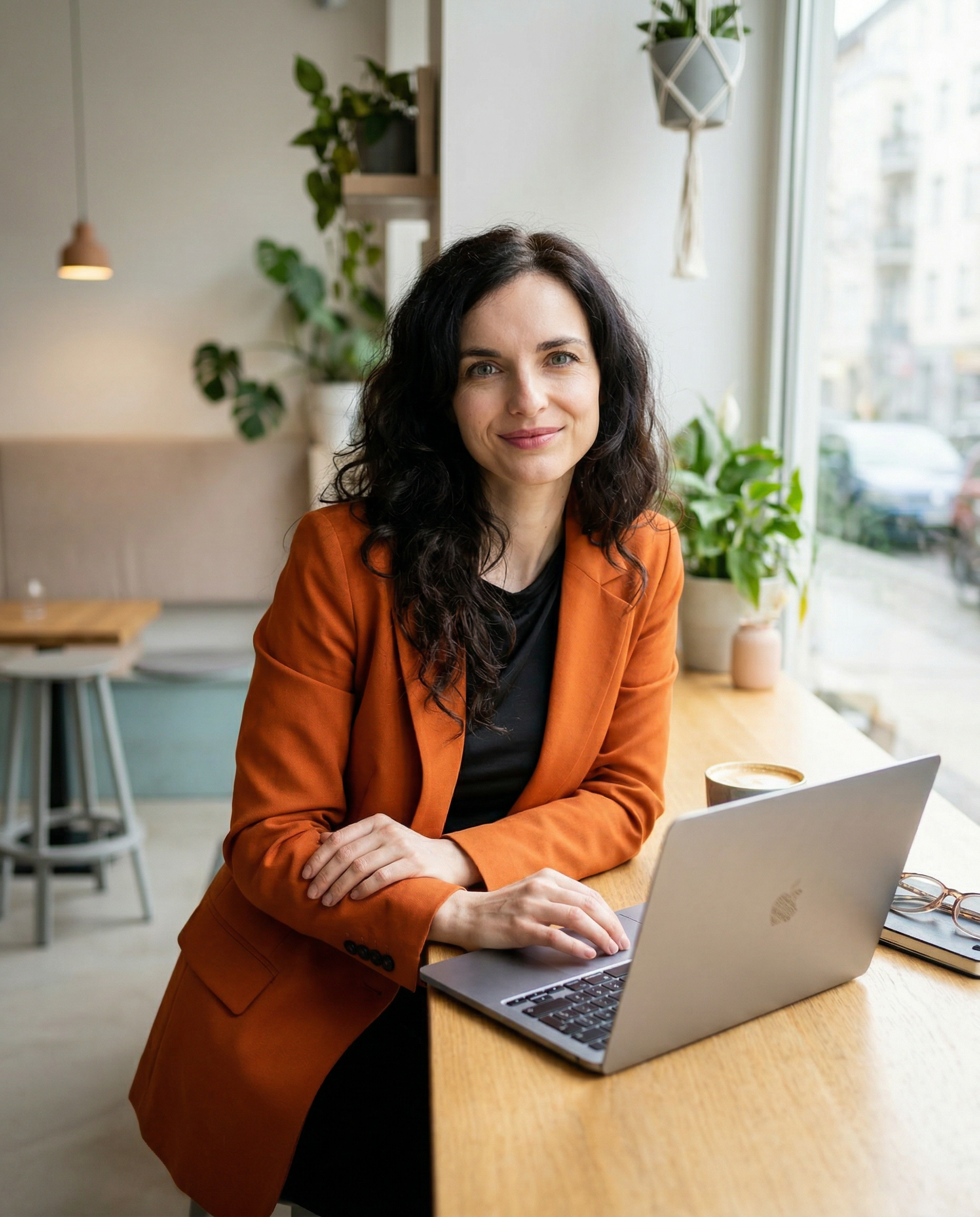 Marielle Morawitz am Laptop in einem Café