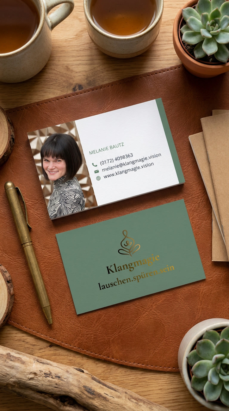 Fotos einer Visitenkarte auf einem Schreibtisch mit Vorder- und Rückseite